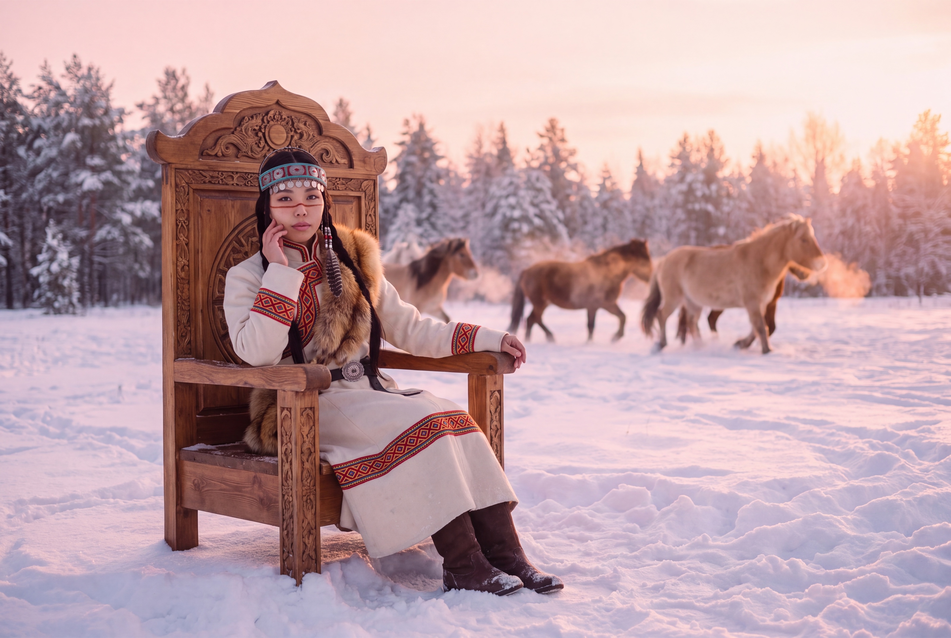 UYANA sitting on a carved wooden throne in the snow at sunset, wild horses walking behind her, their breath steaming in the cold