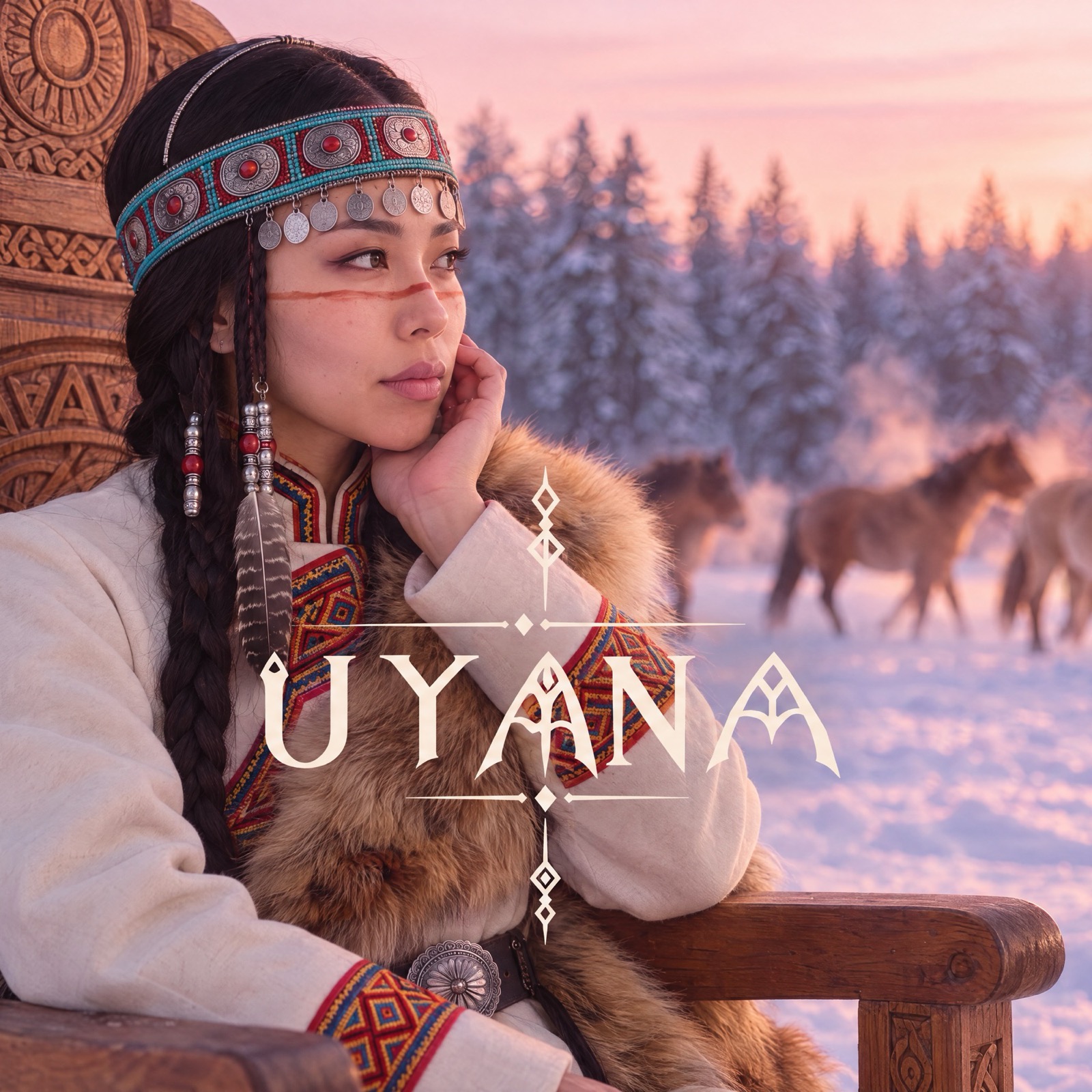 UYANA album cover: UYANA in a white felt coat with fox fur and a turquoise headband, on a carved wooden throne in the snow at sunset, horses behind her