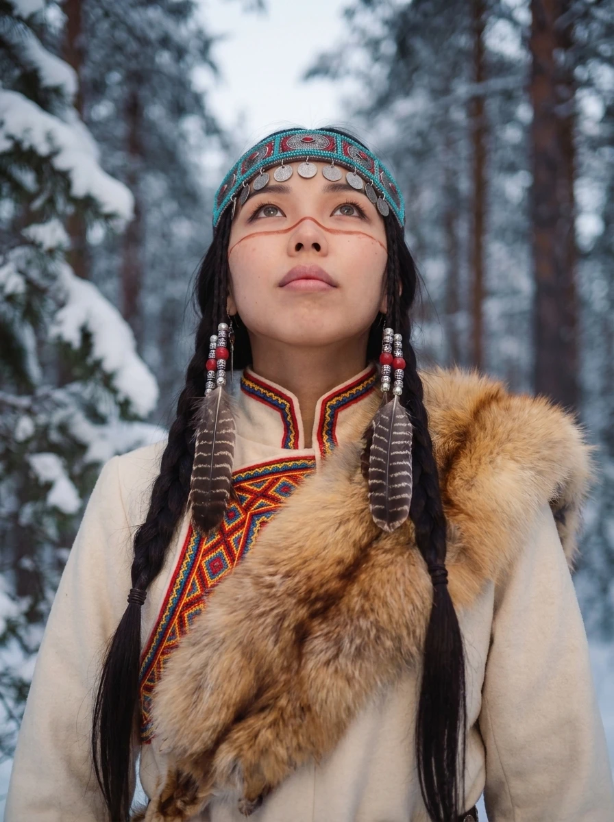 UYANA in a snowy pine forest, looking up at the sky, feathers and silver beads in her braids