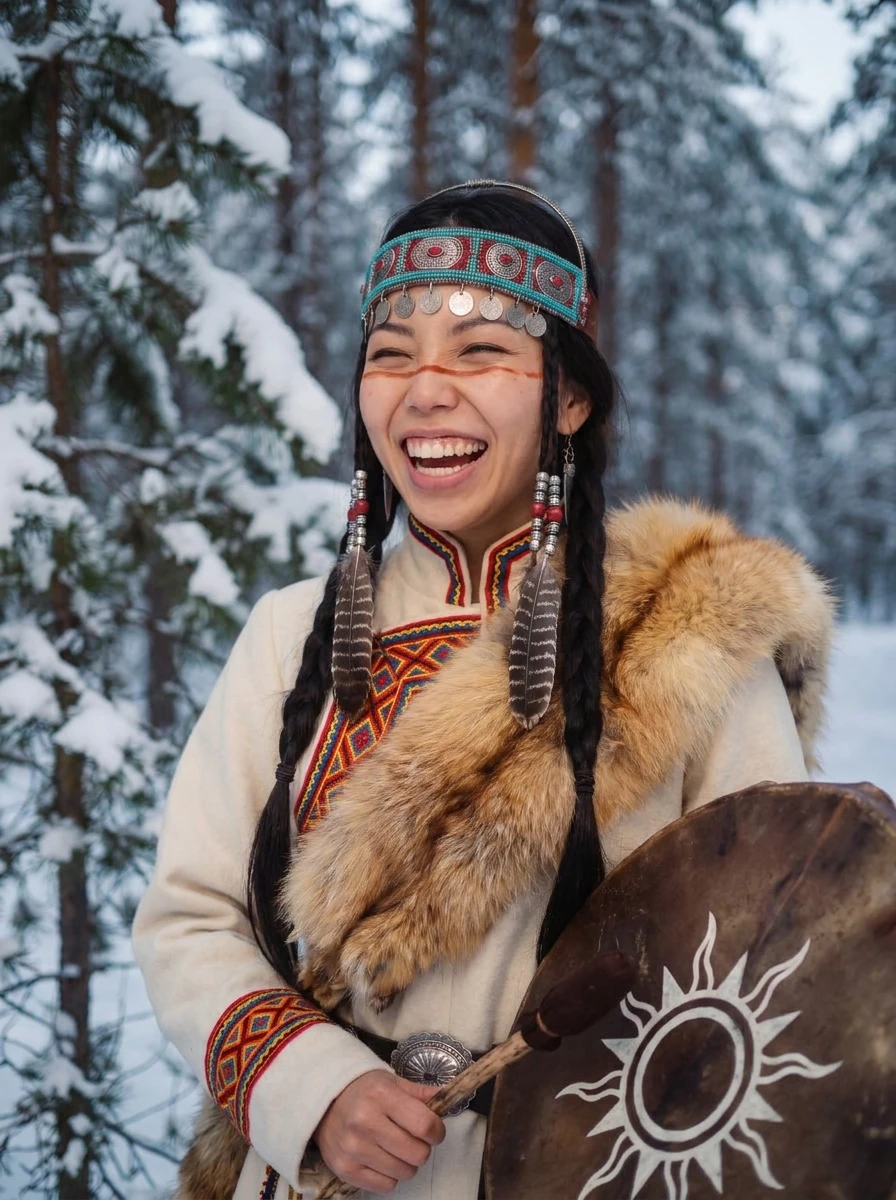 UYANA laughing in a snowy forest, holding her shaman drum with a painted sun