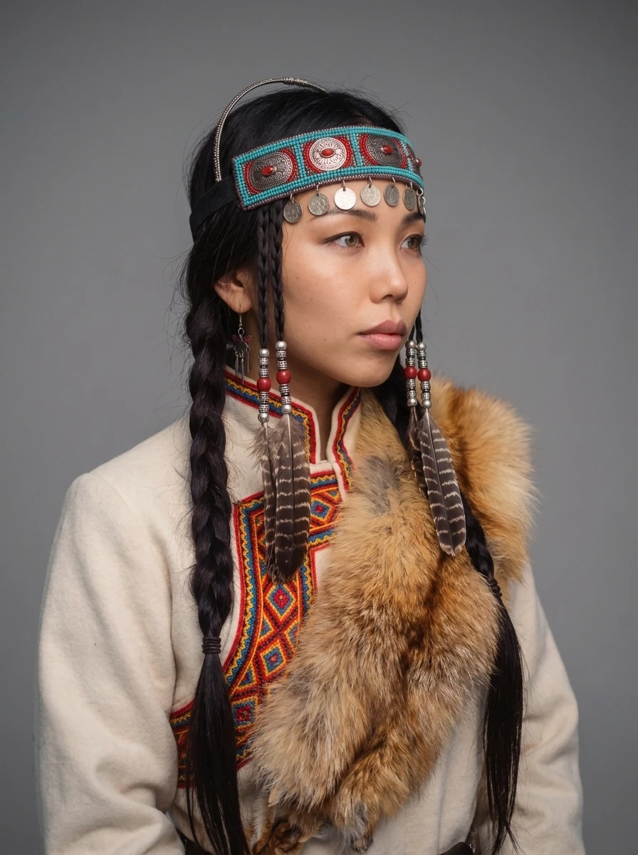 Studio portrait of UYANA in profile with long braids, feathers and turquoise earrings