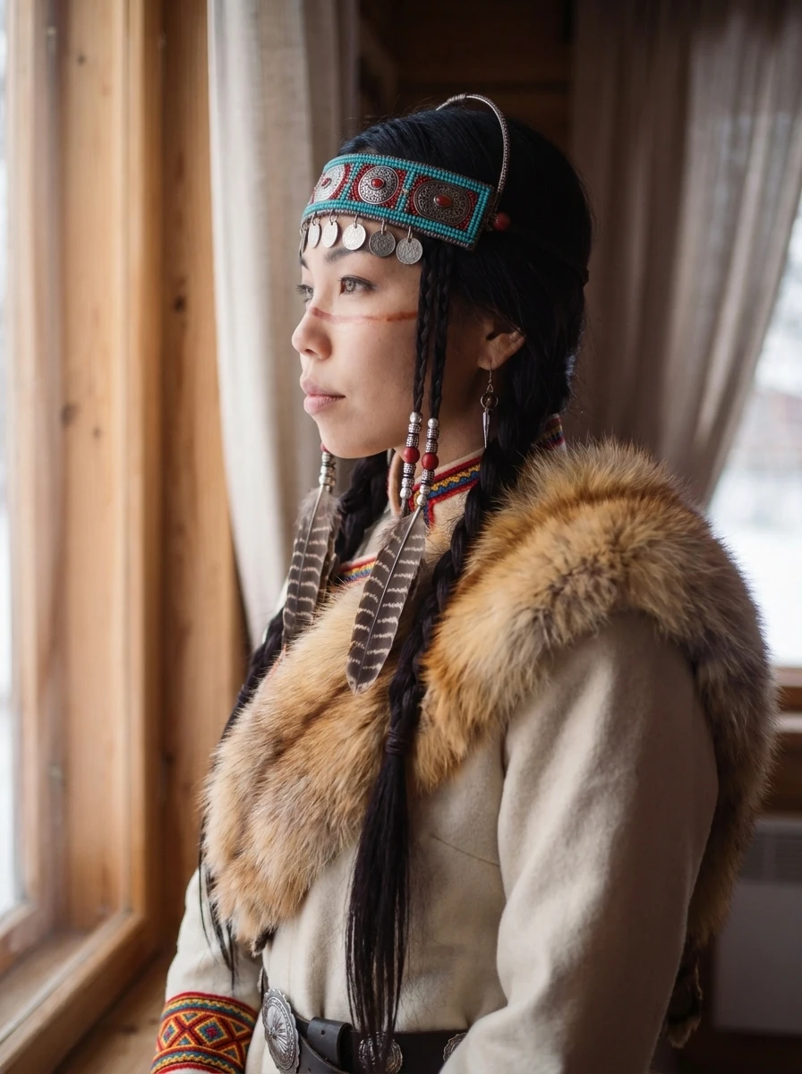 UYANA by a wooden window in winter light, wearing a fox fur and a turquoise headband